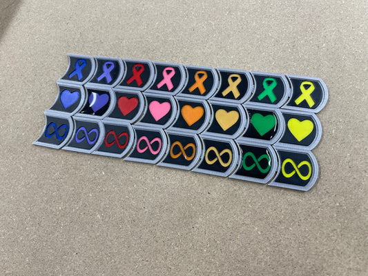 COLOR Awareness Ribbons, Infinity & Hearts, Subie ownership badges