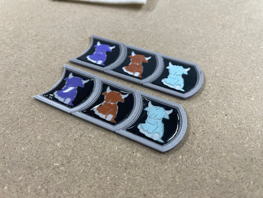 Highland calf ownership badges, MOO MOO